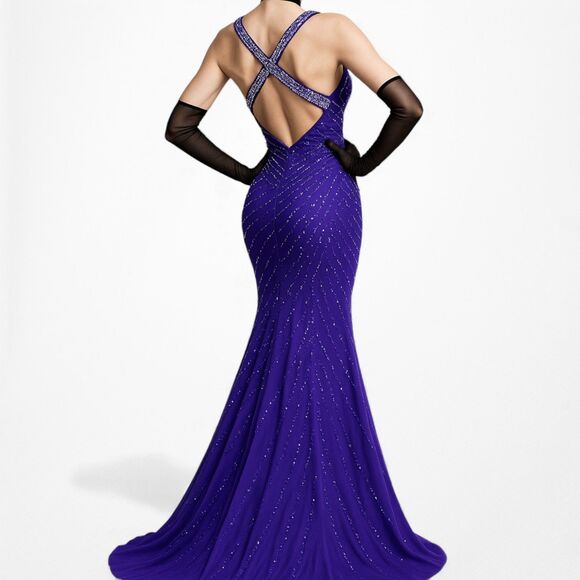 Vintage Y2K Purple Blue V-Neck Beaded Bodycon Maxi Prom Dress Size S - Picture 3 of 11